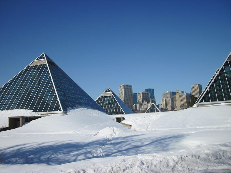 Downtown Edmonton on March 27, Pyramids, graphy, snow, white, sky, blue, Winter, HD wallpaper