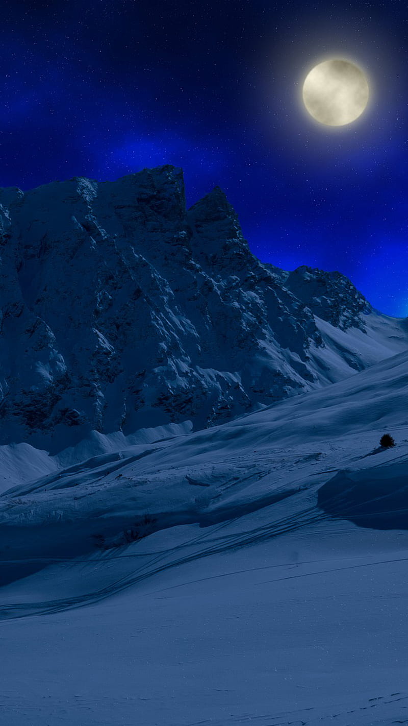Moonlight night, blue sky, here, landscape, mountains, sky, star, stars, winter is here, HD phone wallpaper