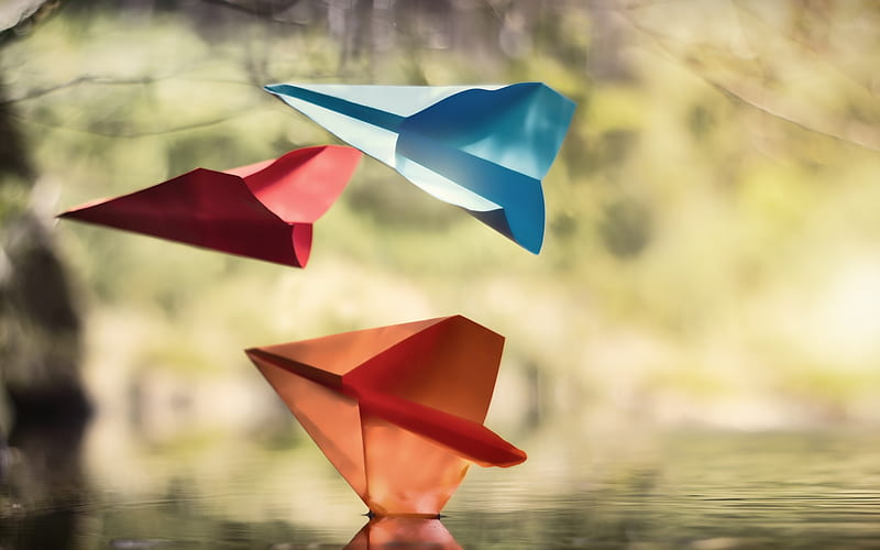 paper airplanes, colorful planes, origami, lake, HD wallpaper