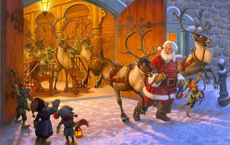 Raring to go, winter, gnomes, santa, christmas, snow, painting, reindeers, HD wallpaper