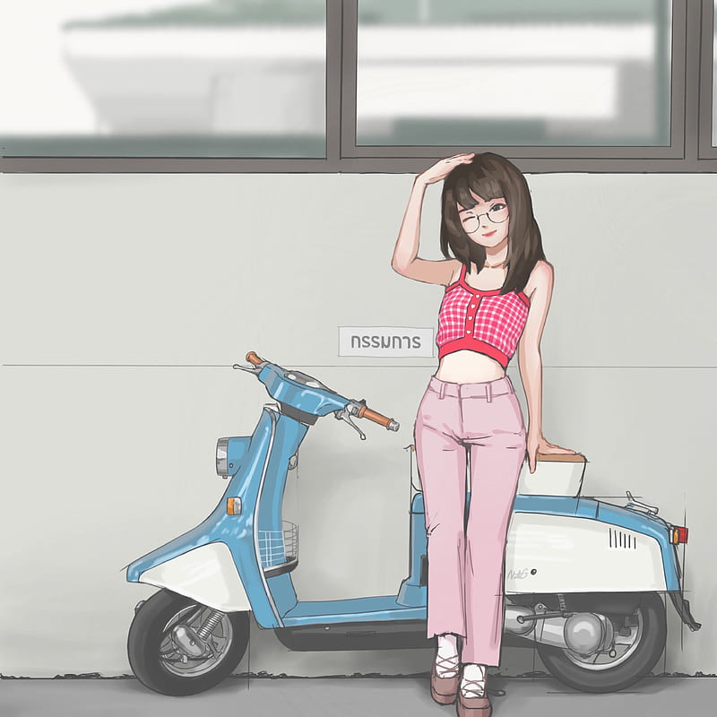 girl, moped, anime, art, HD phone wallpaper