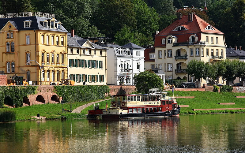 Heidelberg, Germany, river, boat, Germany, houses, HD wallpaper