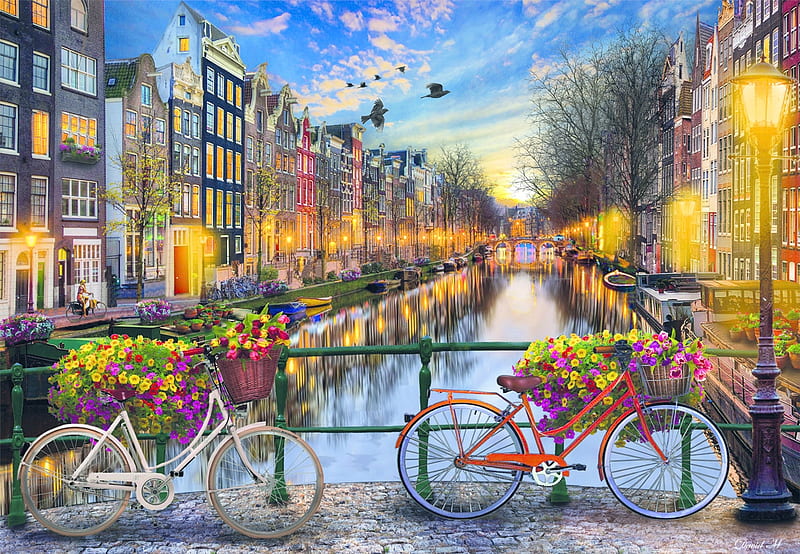 amsterdam with love, homes, puzzle, bicycles, amsterdam, HD wallpaper