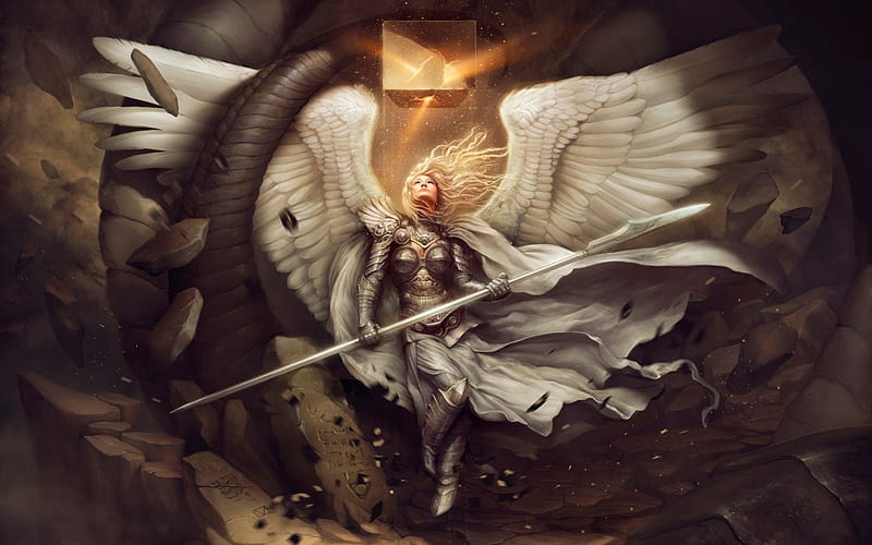 Angel guardian, wings, angel, game, blonde, guardian, armor, fire, fantasy, white, HD wallpaper