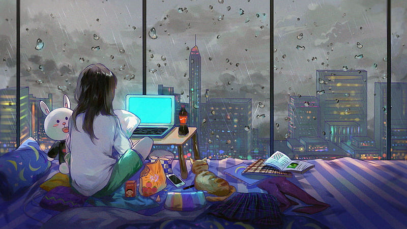 Anime Girl Room City Cat, anime-girl, anime, cat, artist, artwork, digital-art, HD wallpaper