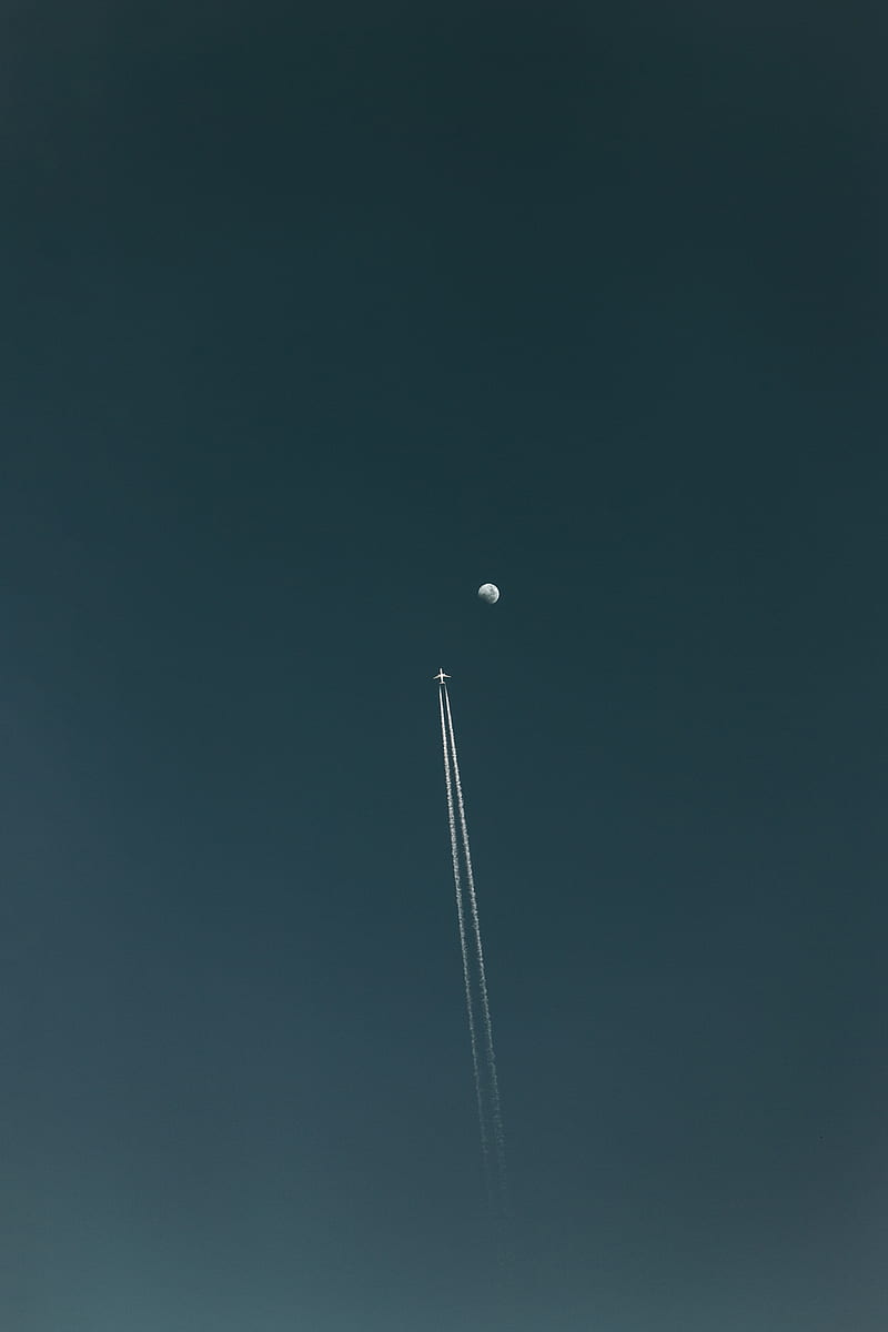 sky, airplane, clear sky, Moon, vehicle, contrails, aircraft, HD phone wallpaper