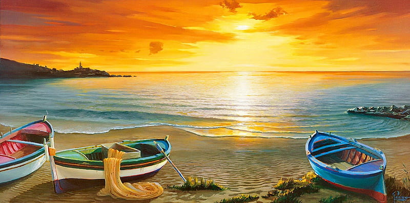 Boats at sunrise, red, pretty, shore, fiery, bonito, sea, beach, nice, calm, boats, painting, river, reflection, amazing, lovely, golden, waves, lake, water, serenity, rays, summer, sands, coast, HD wallpaper