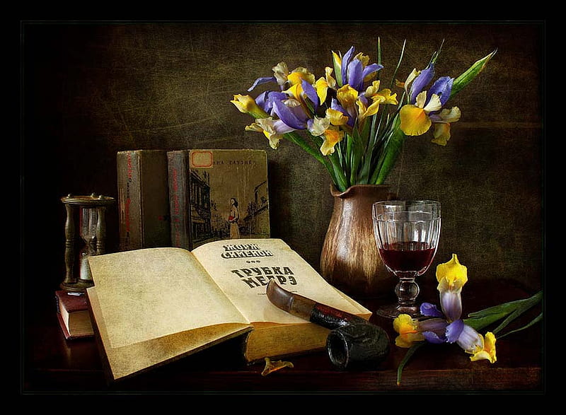 still life, pretty, books, vase, bonito, old, graphy, nice, flowers, drink, classic, harmony, lovely, wine, red wine, cool, bouquet, cup, flower, sandglass, irises, pipe, iris, HD wallpaper