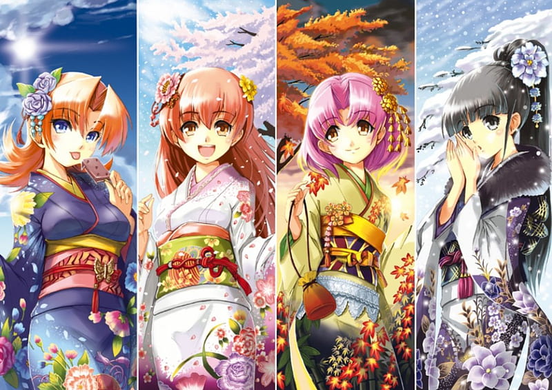 kimono girls season, fall, snow, summer, anime girls, spring, girls, season, kimono, HD wallpaper