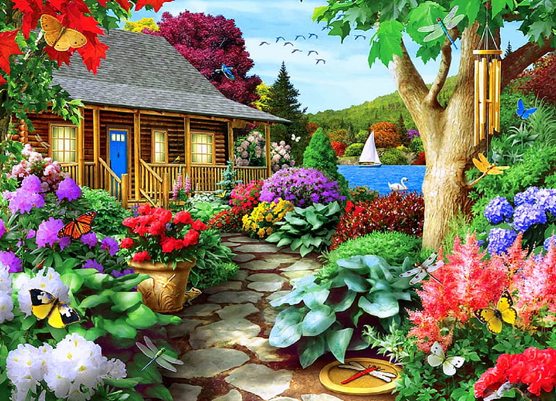 Dragonfly Garden, lakes, houses, love four seasons, butterflies, spring, attractions in dreams, paintings, walkway, flowers, garden, dragonfly, summer, nature, cabins, HD wallpaper
