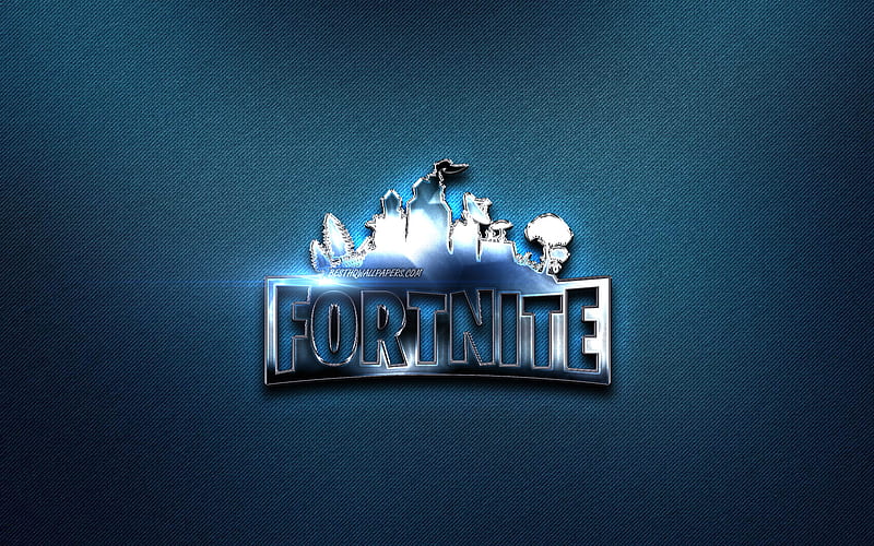 Fortnite metal logo, 2019 games, blue jeans background, Fortnite logo, creative, Fortnite, HD wallpaper