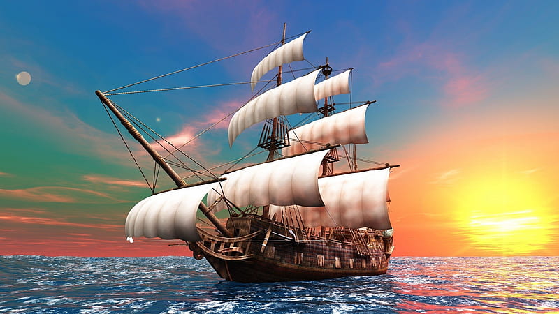 Pirate Ship at Sunset, ship, ocean, sunset, nature, pirate, sea, HD  wallpaper | Peakpx