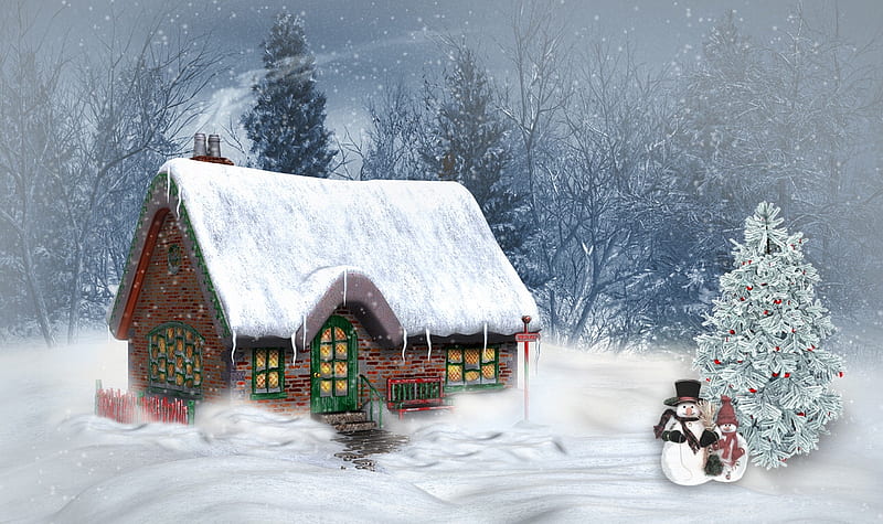 Winter Cottage, christmas tree, snowmen, cozy, holiday, snow, Quaint, winter, Cottage, HD wallpaper