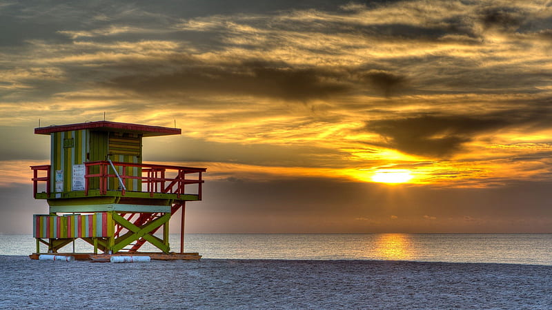 life guard station in miami beach at sunrise, beach, station, sunset, clouds, sea, HD wallpaper