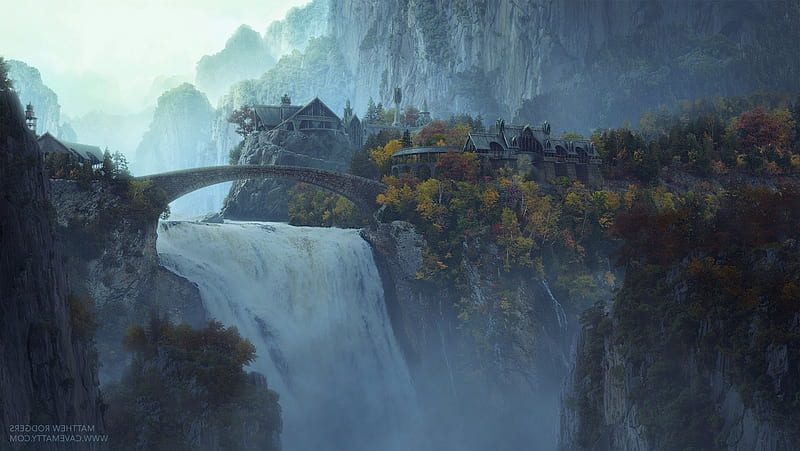 Rivendell, world, lord of the rings, fantasy, luminos, lotr, bridge, waterfall, HD wallpaper