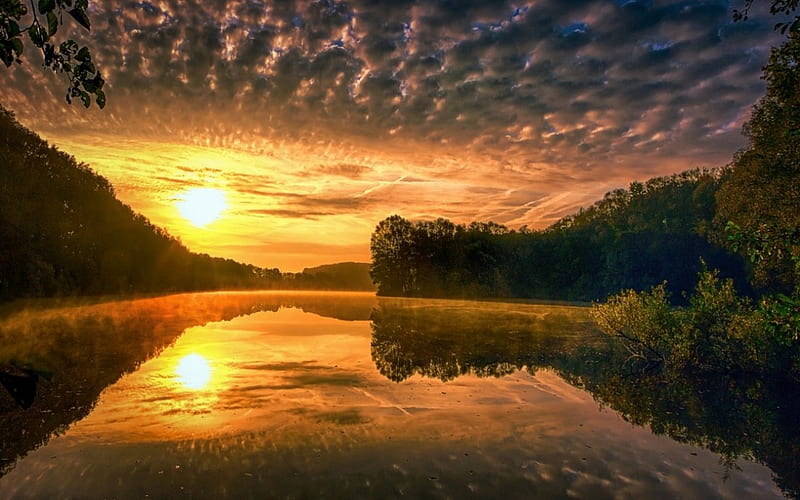 Golden Sky Over The Lake, Hills, Lakes, Bonito, Sunset, Sky, Clouds