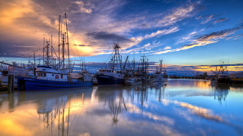 the fishing fleet docked in harbor, boats, reflections, clouds, docks, harbor, HD wallpaper