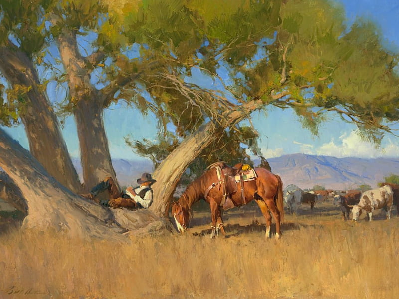 American Old West, old west, painting, nature, trees, scenery, horses, cowboys, HD wallpaper