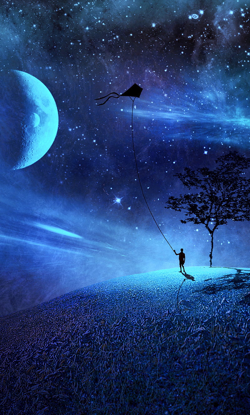Fantasy night, alone, blue night, boy, dark, fancy, moon, space, stars, tree, HD phone wallpaper