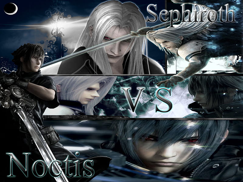 Noctis vs Sephiroth, ffvii, moon, ffviii, fighting, city, video game, final fantasy, crove over, HD wallpaper