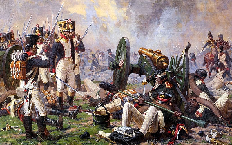 Artillerie, painting, art, pictura, man, battle of borodini, people, battle of borodino, napoleon war, aleksander averyanov, HD wallpaper