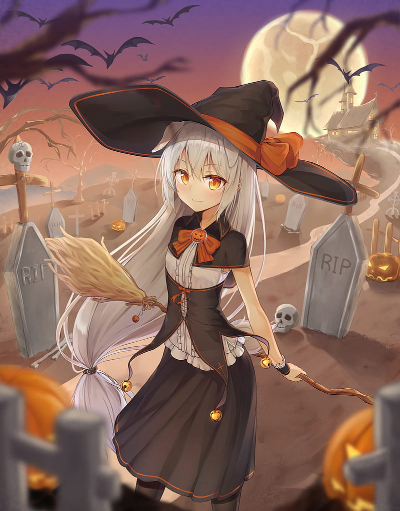 anime girl, broom halloween, witch, moon, graveyard, Anime, HD phone wallpaper