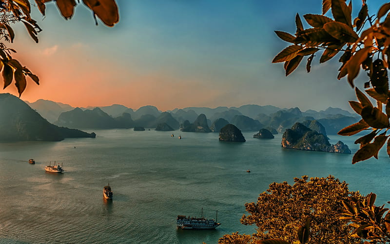 Halong, Vietnam, bay, sunset, tropical islands, ocean, boats, ships, beautiful landscape, HD wallpaper