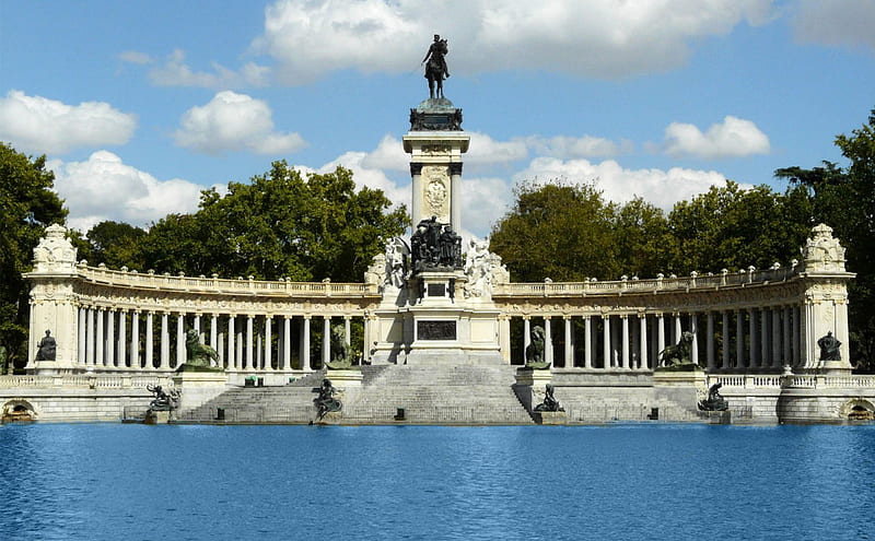 Madrid, Spain Retiro Park, pond, lion statues, monument, columns, trees, HD wallpaper