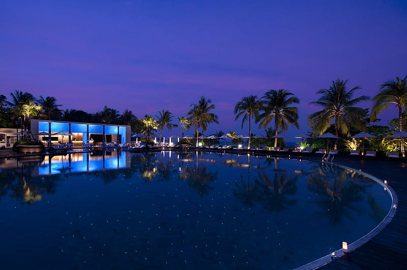 Thailand, resort, Villa, Phuket, pool, night, palms, HD wallpaper
