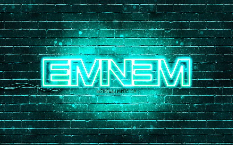 Eminem turquoise logo superstars, american rapper, turquoise brickwall, Eminem logo, Marshall Bruce Mathers III, Eminem, music stars, Eminem neon logo, HD wallpaper