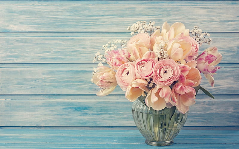 Flowers, glass, bouquet, flower, vase, pink, wood, blue, card, HD wallpaper