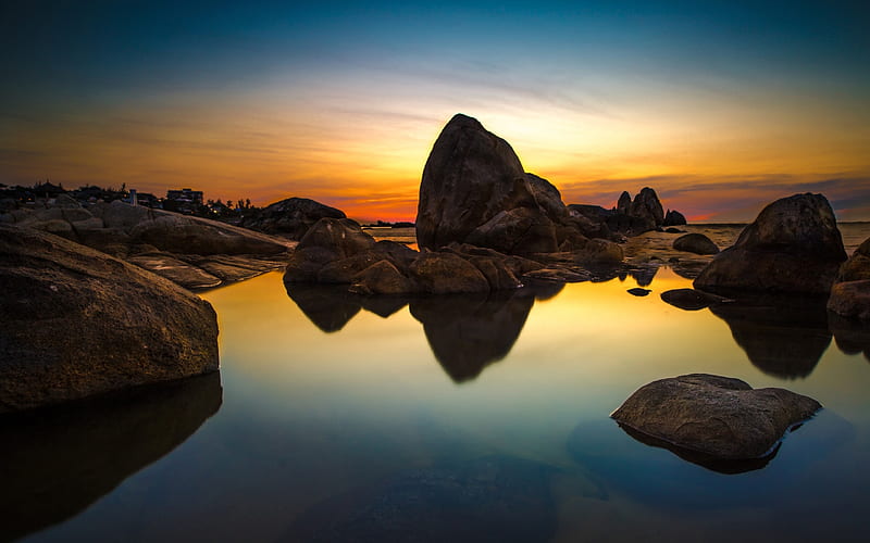 Sea stones sunset reflection-Nature Scenery, HD wallpaper