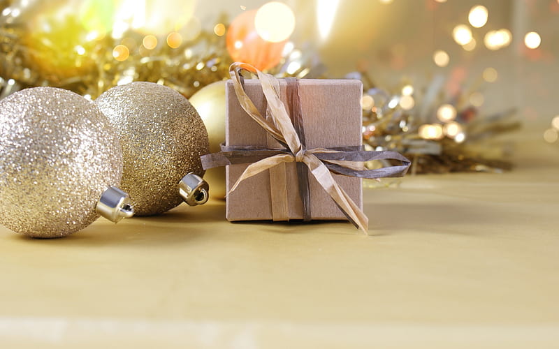 golden christmas balls, New Year, gifts boxes, xmas, HD wallpaper
