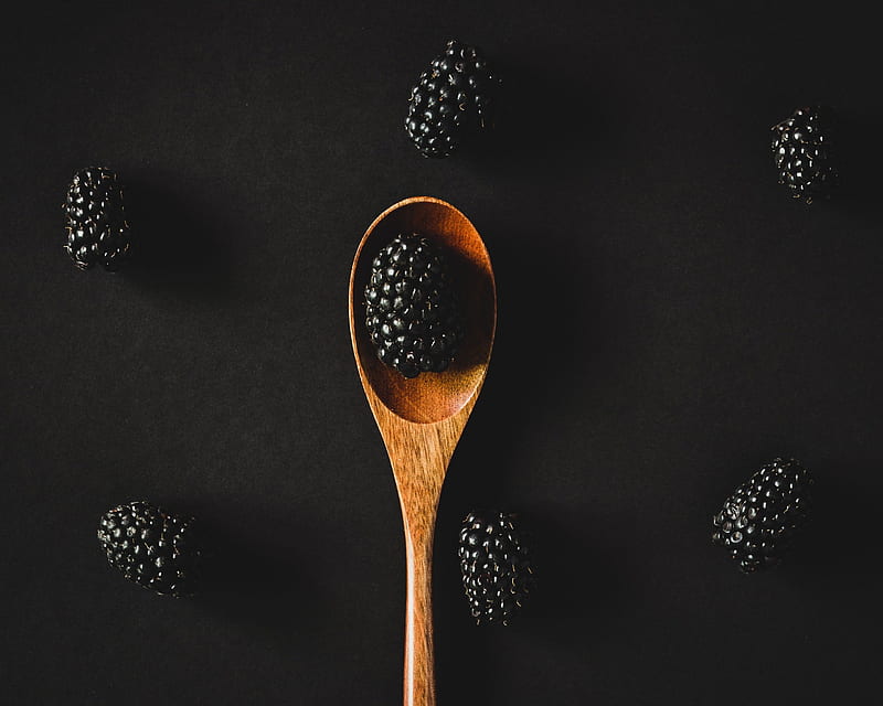 blackberry, berries, spoon, black, ripe, HD wallpaper