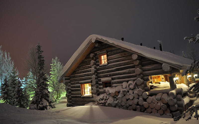 Quaint Winter Forest Log Cabin, snow, nature, evening, log cabins, forests, winter, HD wallpaper