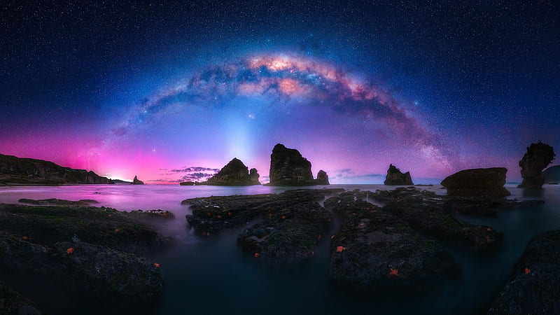 Zodiacal Light from a reef on New Zealand's West Coast, sea, milky way ...