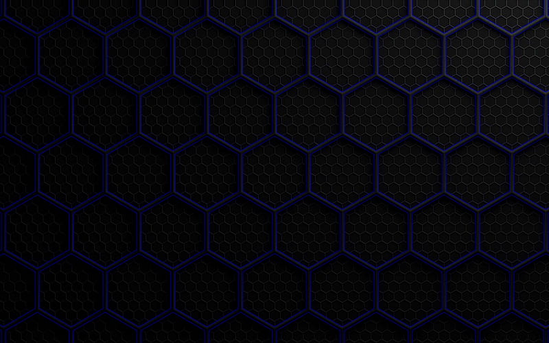 blue hexagons, metal textures, metal grid background, hexagons patterns, hexagons textures, black backgrounds, honeycomb, hexagons, background with hexagons, HD wallpaper
