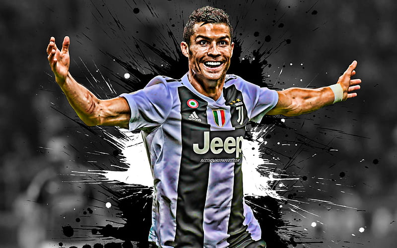Cristiano Ronaldo, white and black blots, Portuguese footballers, Juventus FC, soccer, Serie A, Juve, Ronaldo, football, CR7 Juve, grunge, Italy, HD wallpaper