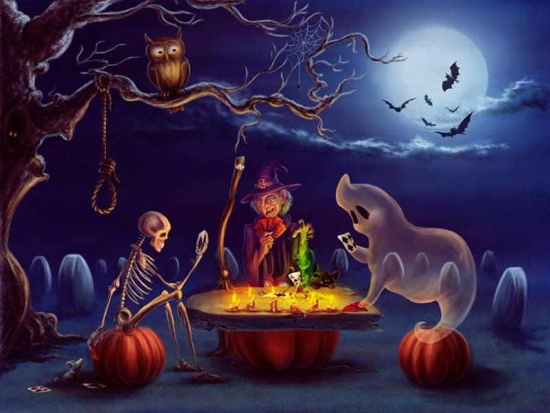 Halloween, skeleton, fantasy, night, HD wallpaper