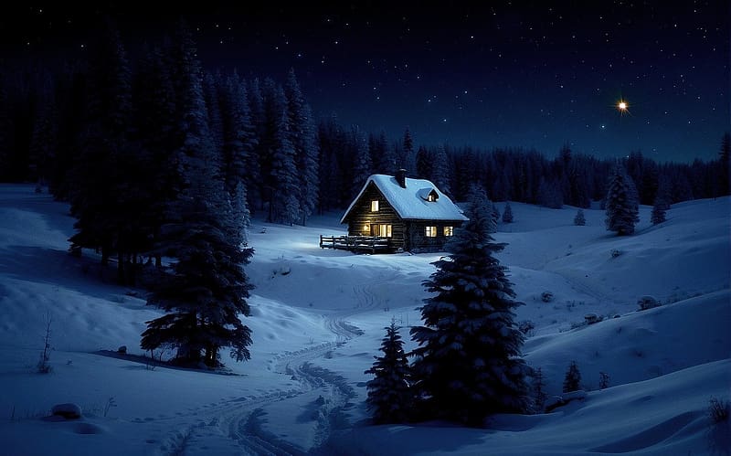 Winter night in the forest, fenylo, haz, ejszaka, erdo, havas, ho, tel, hegyek, unepek, HD wallpaper