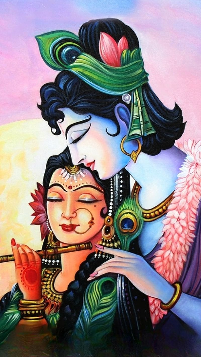 Radha Krishna Eternal Love Hand-Painted Painting Masterpiece
