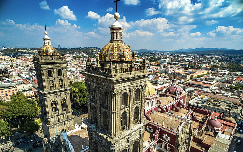 Catedral de Puebla, Mexican Baroque, summer, Mexican landmarks, Mexico, HD wallpaper