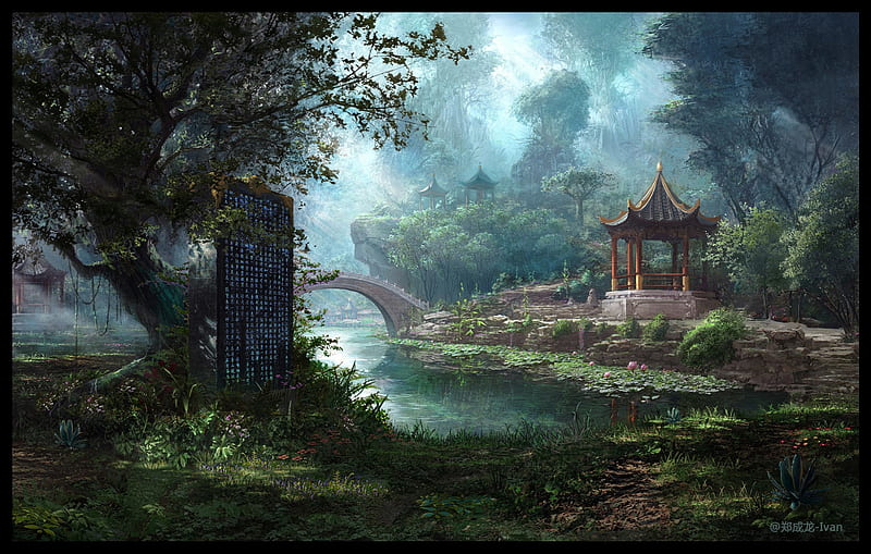 Pavilion, chenglong zheng ivan, art, world, fantasy, luminos, gazebo, HD wallpaper