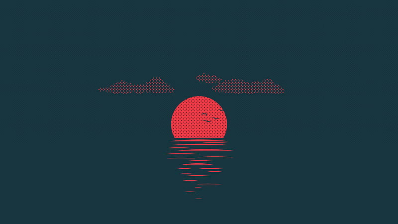 red sun, waves, birds, sunset, clouds, minimalism, HD wallpaper