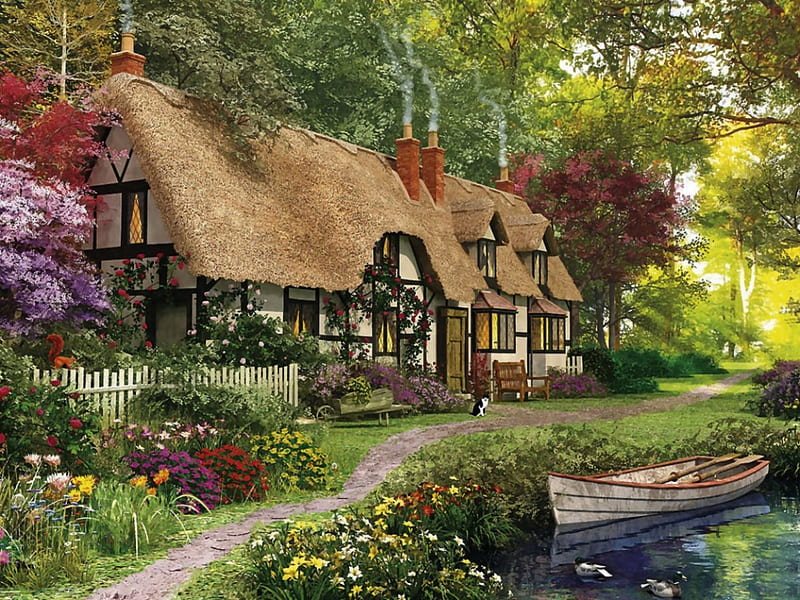 Thatched Cottage F2, architecture, art, cottage, artwork, painting, wide screen, Tudor, scenery, landscape, HD wallpaper