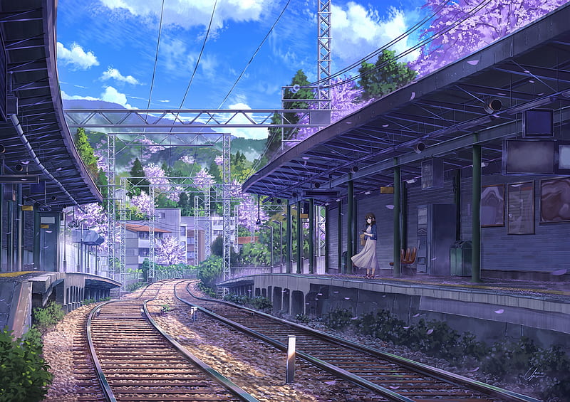 anime train station, girl, summer, purple flowers, Anime, HD wallpaper