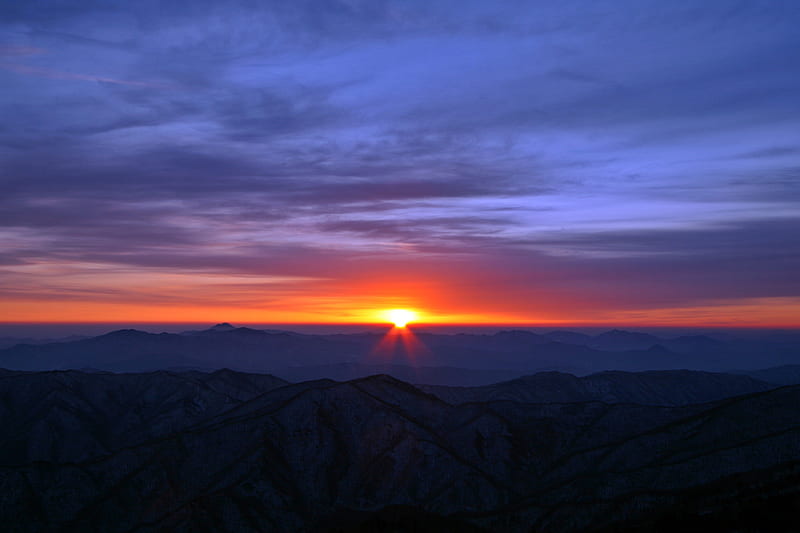 mountains, sunrise, horizon, dawn, sky, HD wallpaper