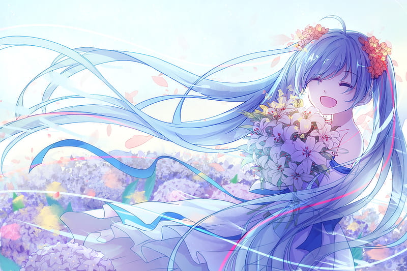 hatsune miku, big smile, flowers, twintails, vocaloid, Anime, HD wallpaper