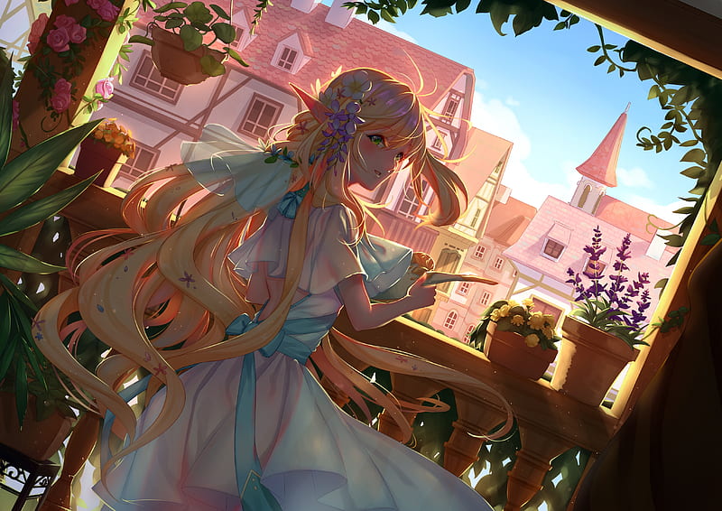 Anime elf girl, blonde, fantasy world, buildings, green eyes, dress, Anime,  HD wallpaper | Peakpx