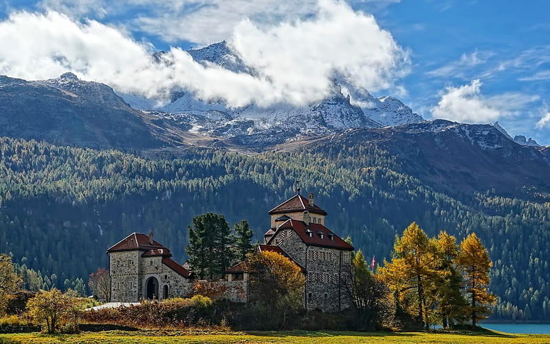 mountain lake, mountain, forest, mountain landscape, Alps, Switzerland, St Moritz, HD wallpaper